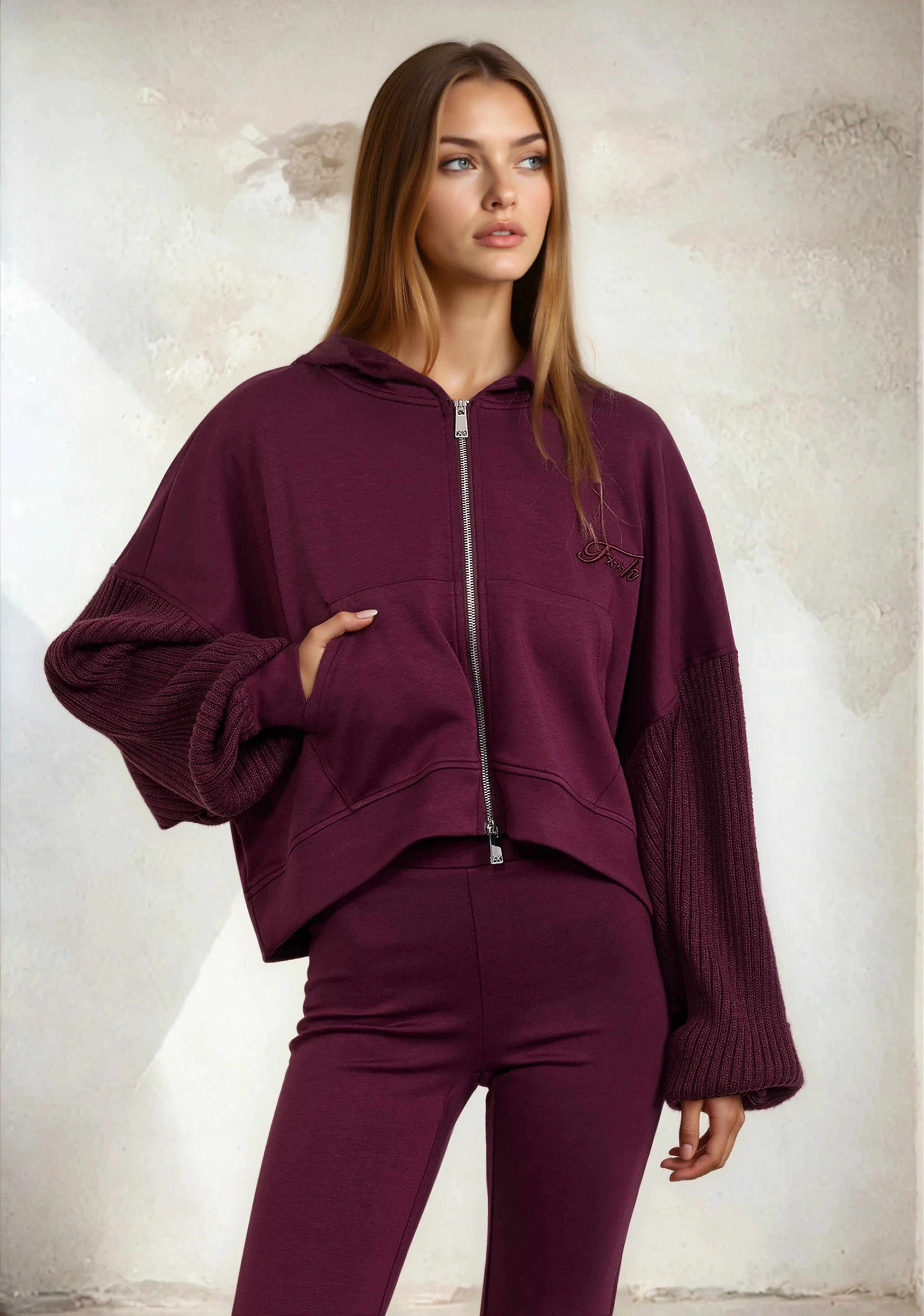 Felpa con Cappuccio Donna F**K Bordeaux W0302-BD - Image 4