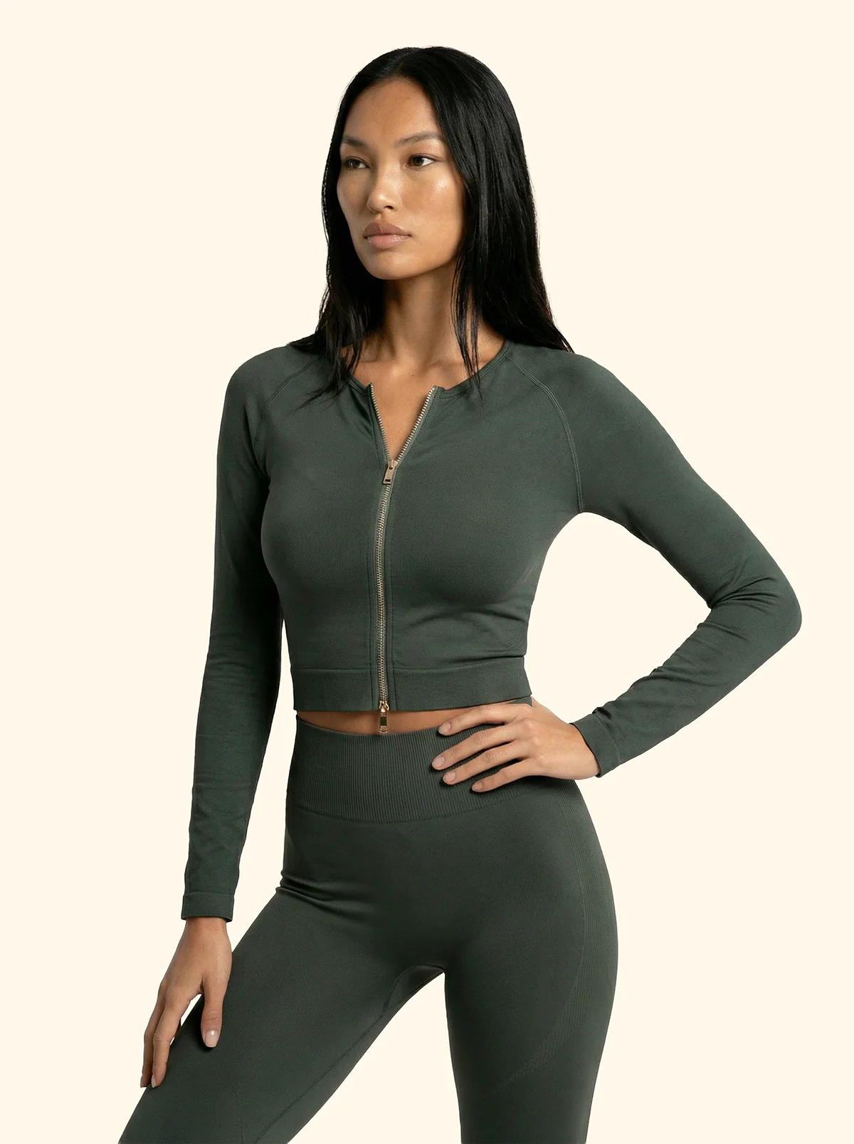 T-Shirt Crop con zip Seamless F**K Verde Militare 05SM01-GN - Image 2